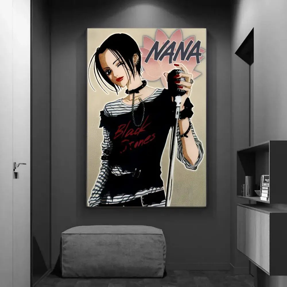 A framed canvas print featuring an anime character with black hair and red lipstick ideal for diy sticky home decor