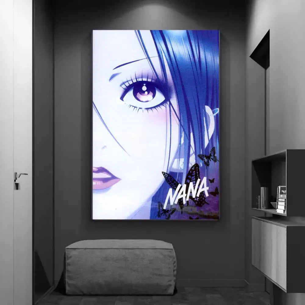 Vibrant blue decorbites™ vintage japanese anime diy sticky poster featuring stylized eye butterflies and nana for home decor