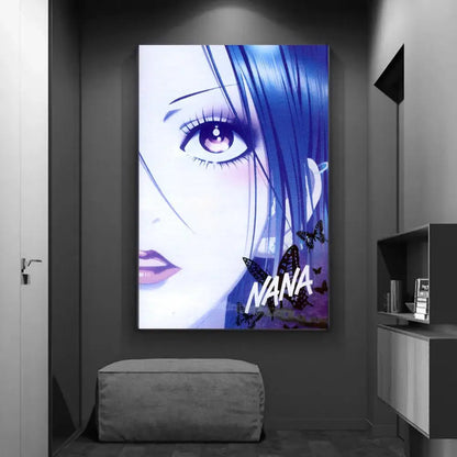 Vibrant blue decorbites™ vintage japanese anime diy sticky poster featuring stylized eye butterflies and nana for home decor