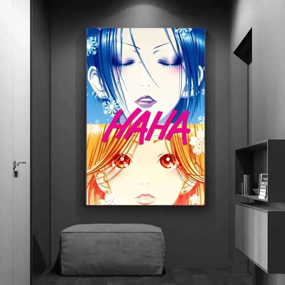 Vibrant vintage japanese anime diy sticky poster with blue and orange hair faces and bold pink haha text for home decor