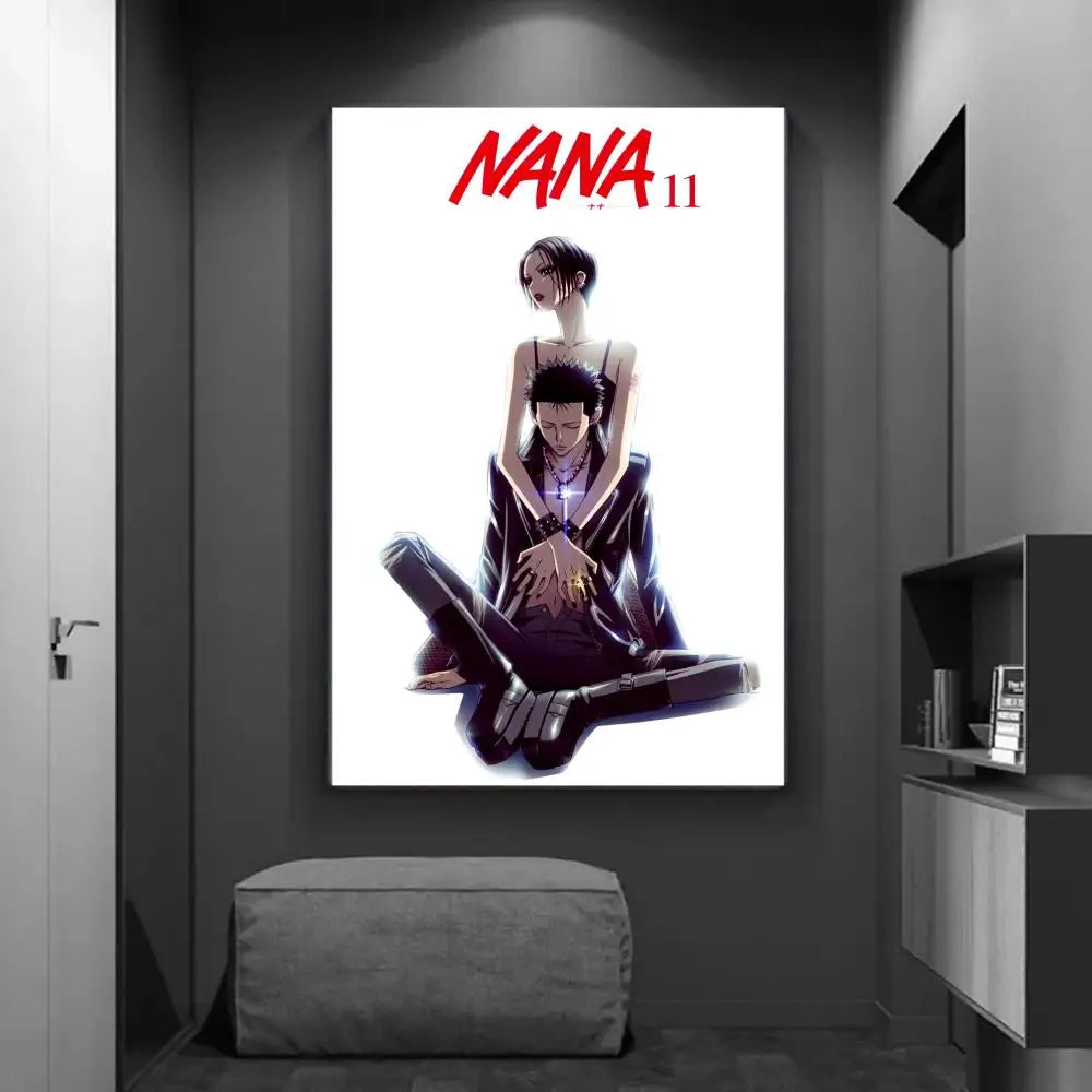 White canvas diy sticky poster of vintage anime nana with red lettering and black and white illustration for home decor