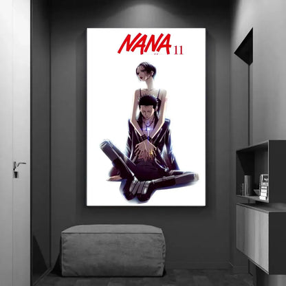 White canvas diy sticky poster of vintage anime nana with red lettering and black and white illustration for home decor