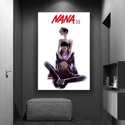 White canvas diy sticky poster featuring bold red lettering and black and white nana anime illustration for home decor