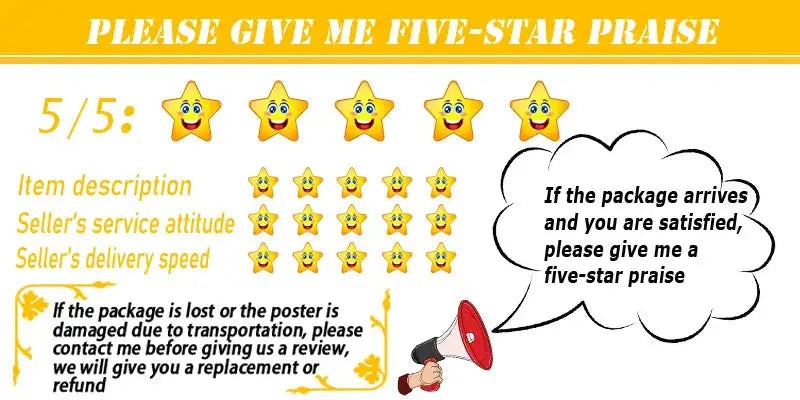 Yellow cartoon star rating graphic with smiling faces urging five star praise for decorbites vintage japanese anime diy sticky poster home decor