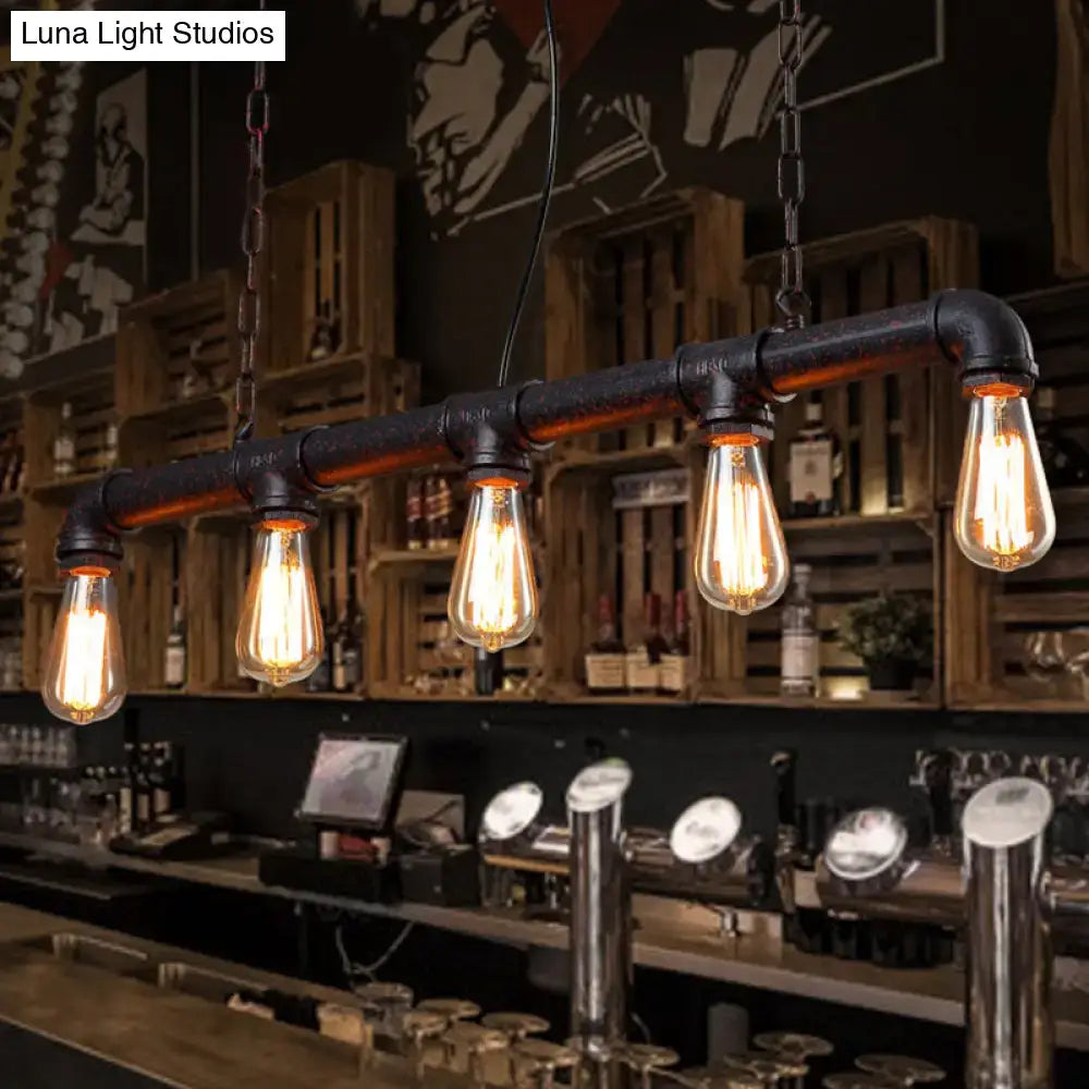 Industrial-style black pipe pendant ceiling light with four glowing filament bulbs vintage linear pipe 220v-240v 110v-120v
