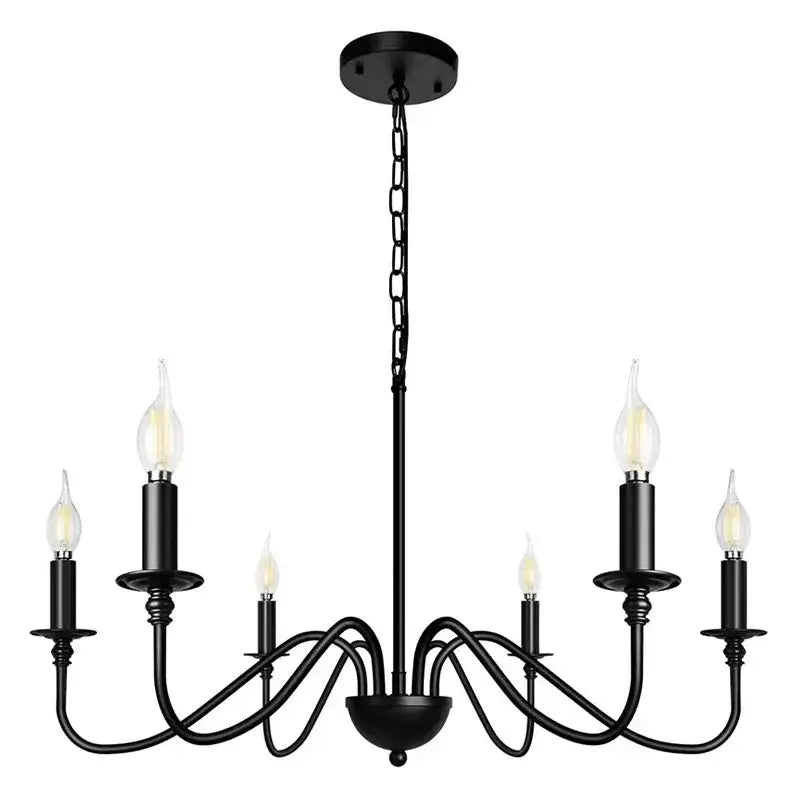 Decorbites vintage loft black wrought iron living room chandelier with six candle bulbs and central chain suspension