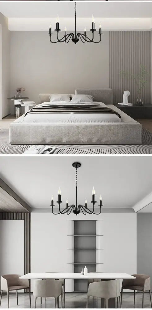 Black wrought iron DecorBites vintage loft chandelier with candle bulbs ideal as a living room chandelier