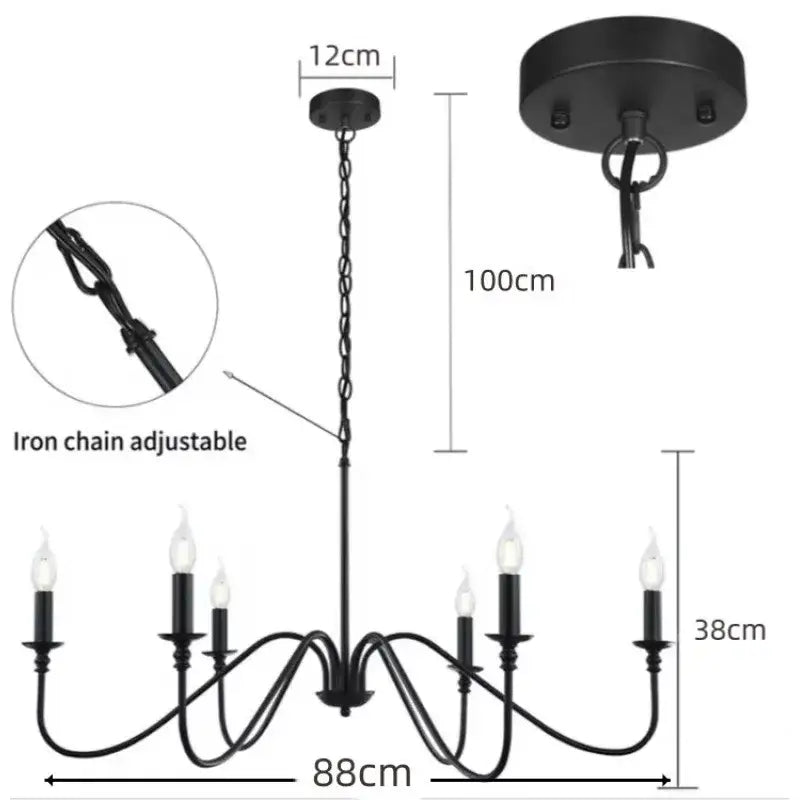 DecorBites vintage loft black wrought iron living room chandelier with six candle-style lights and adjustable chain