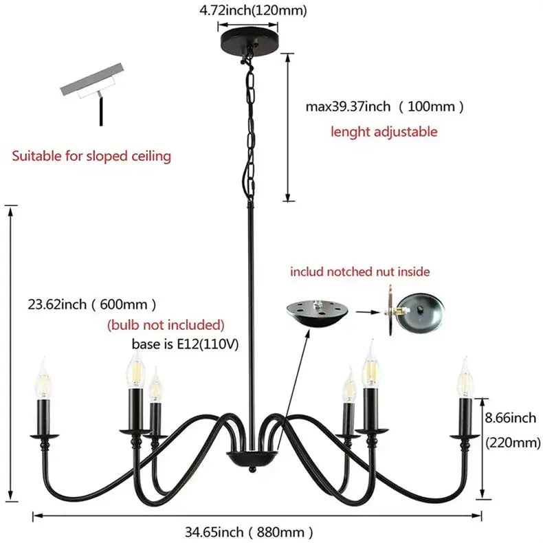 DecorBites™ vintage loft black wrought iron living room chandelier with six candle-style arms and chain suspension