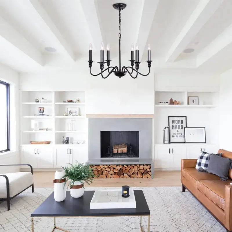 Black wrought iron DecorBites vintage loft chandelier with six candle-style bulbs ideal as living room chandelier