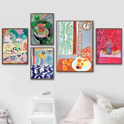 Five framed colorful decorbites™ vintage matisse abstract landscape wall art prints with vibrant still lifes and figures