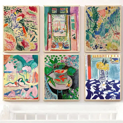 Set of six decorbites™ vintage matisse abstract landscape wall art prints in light wooden frames with vibrant colors