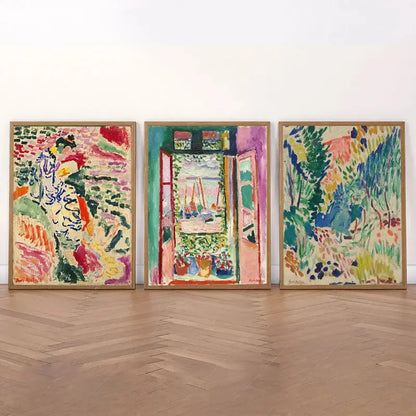 Three framed vibrant DecorBites™ vintage matisse abstract landscape wall art featuring colorful doorway garden scene