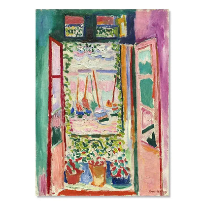 DecorBites™ vintage matisse abstract landscape wall art featuring a vibrant open doorway with sunlit garden plants