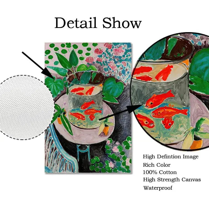Vibrant decorbites™ vintage matisse abstract landscape wall art on 100% cotton canvas with goldfish and colorful flowers
