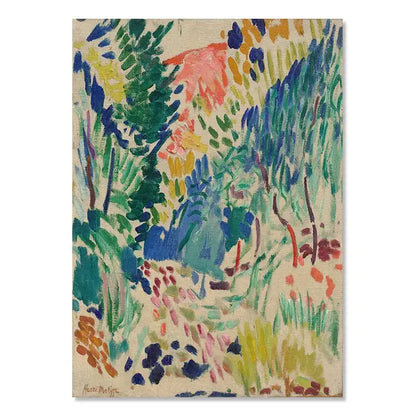 Vibrant decorbites™ vintage matisse abstract landscape wall art with bold green blue yellow and pink brushstrokes on textured canvas