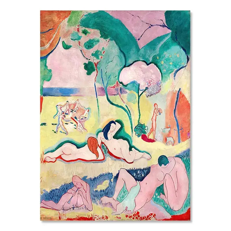 DecorBites™ vintage Matisse abstract landscape wall art featuring vibrant nude figures in bold pink, green, and yellow
