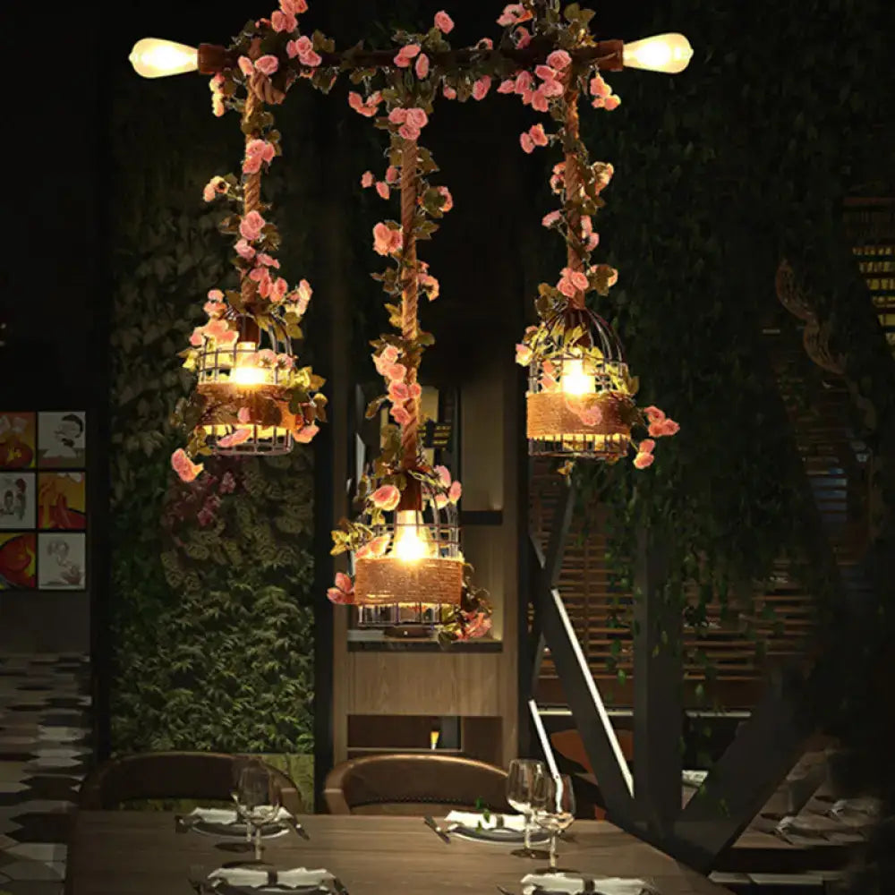 DecorBites vintage metal 3-head black ceiling light with birdcage-style e26 e27 fixtures and pink flower decor