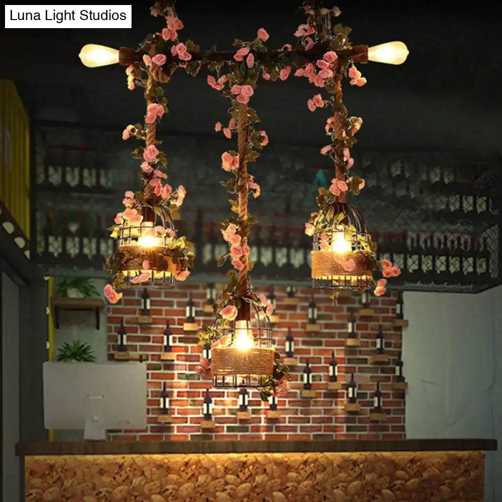 DecorBites vintage metal 3-head black ceiling light with e26 e27 sockets featuring birdcage lights and pink flower decor