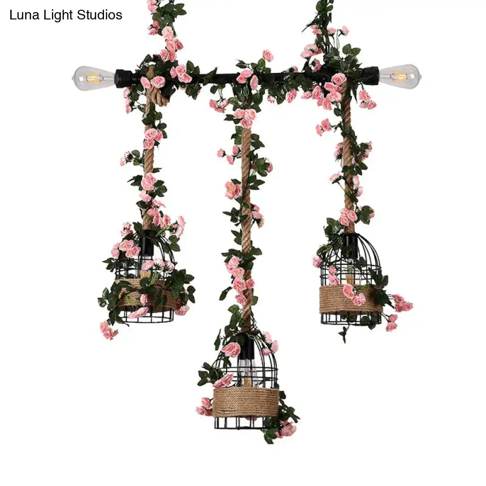 DecorBites vintage black metal 3-head ceiling light with rustic birdcage design, pink floral vines, woven rope, e26 e27 bulbs