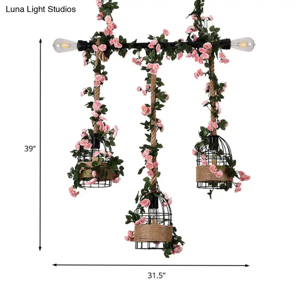 DecorBites™ vintage black wrought iron ceiling light with three e26 e27 birdcage fixtures and pink rose decor