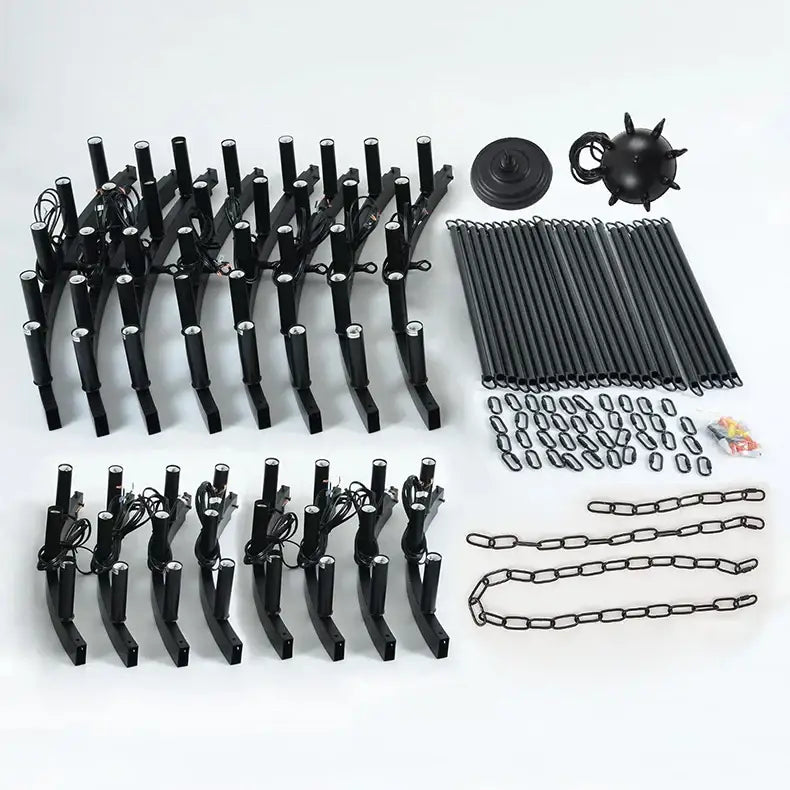 Black metal pendant chandelier kit featuring multiple light fixtures chains and a spiked spherical vintage modern led design