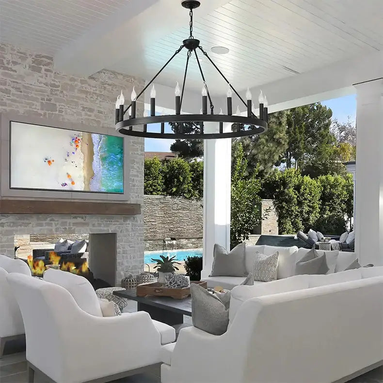 Black wrought iron DecorBites vintage modern LED pendant chandelier with multiple candle-style bulbs for ceiling lighting