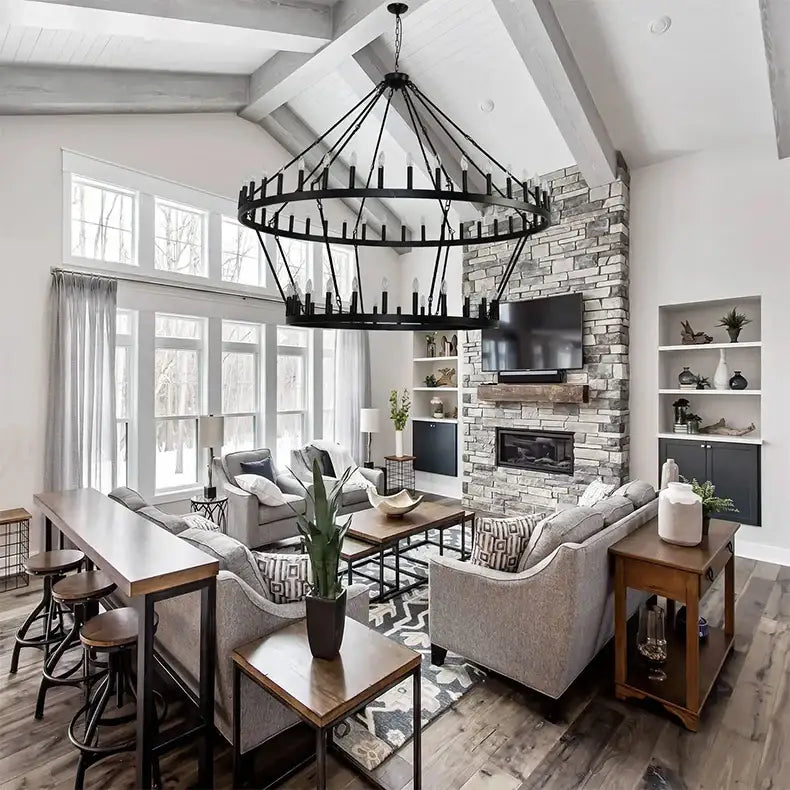Black wrought iron DecorBites vintage modern led pendant chandelier with multiple candle-style lights for ceiling use