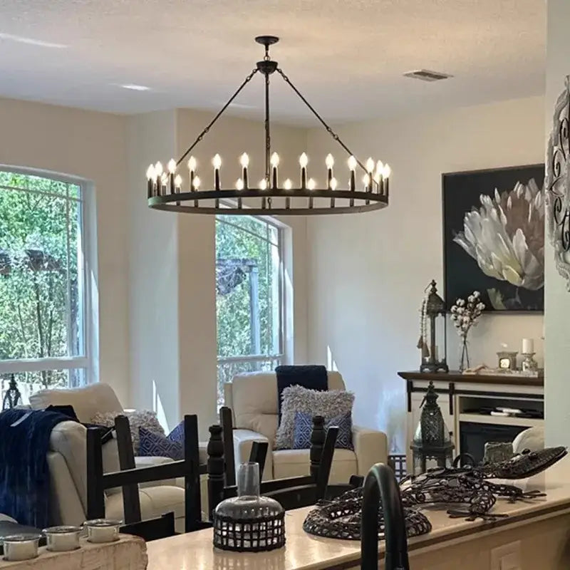 Black wrought iron vintage modern led pendant chandelier with multiple candle style bulbs for ceiling lighting