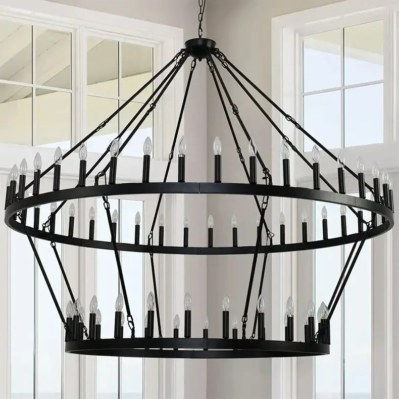 Black wrought iron DecorBites vintage modern led pendant chandelier with two circular tiers and candle-style bulbs