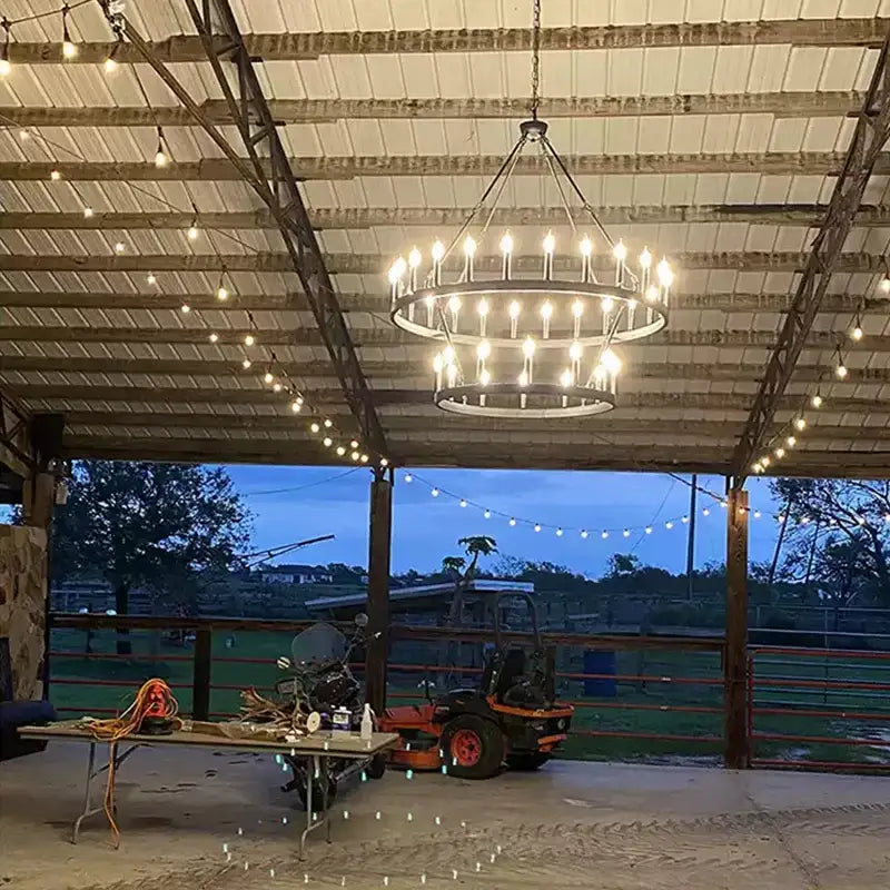 DecorBites vintage modern led pendant chandelier light with dark metal frame and exposed bulbs in open-sided structure
