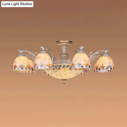 DecorBites vintage multi-light living room chandelier with five warm tone floral mosaic glass shades on metallic frame 220v-240v 110v-120v bowl hanging chandelier