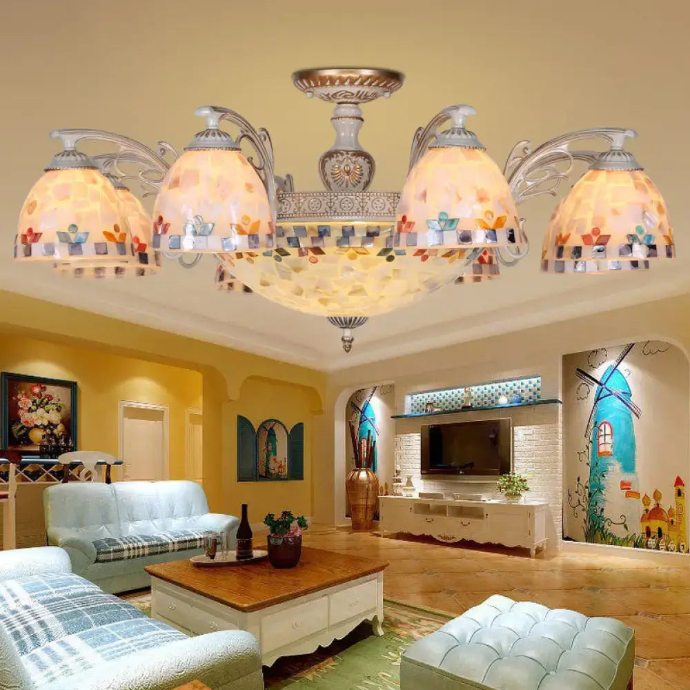 Decorbites™ vintage multi-light chandelier with colorful mosaic floral glass shades on ornate metal frame for living room 220v-240v 110v-120v bowl hanging chandelier