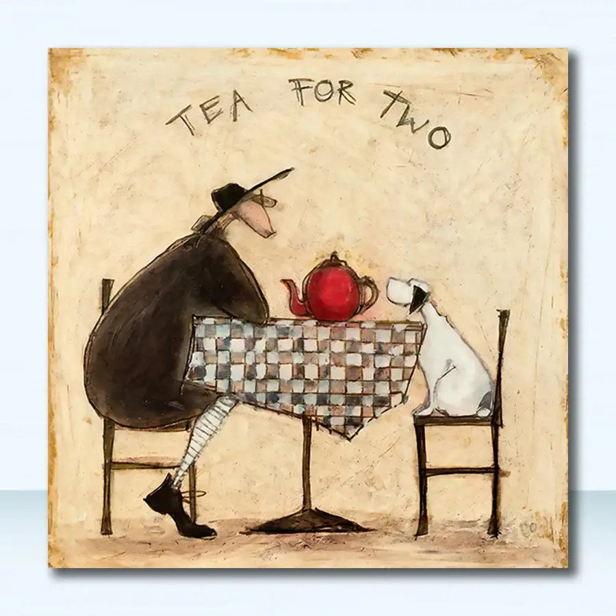 A whimsical red ceramic teapot on a checkered tablecloth between a man and dog in vintage nordic abstract art style