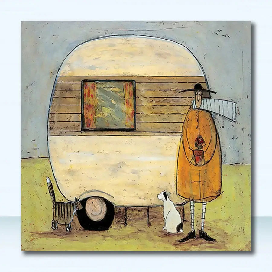 Decorbites™ vintage nordic abstract canvas art featuring a hand-painted cream and wood-paneled camper with figure in orange coat