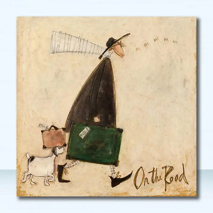 Decorbites™ vintage nordic abstract landscape canvas art featuring a traveler with suitcases and a small dog