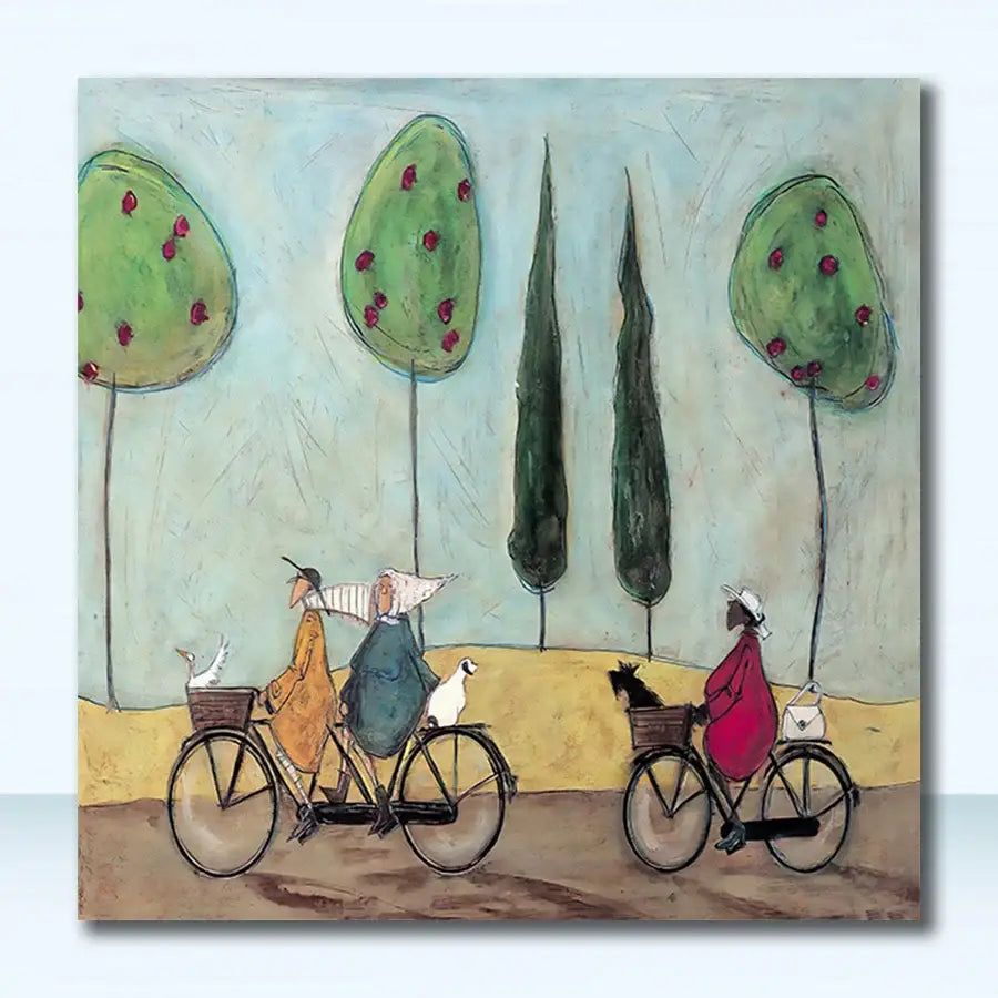 A whimsical square canvas painting featuring two cyclists and stylized trees in a vintage nordic abstract landscape