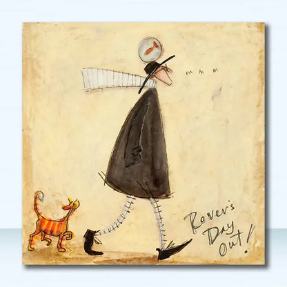 Whimsical decorbites™ vintage nordic abstract landscape canvas art featuring a figure with an orange fish and striped cat