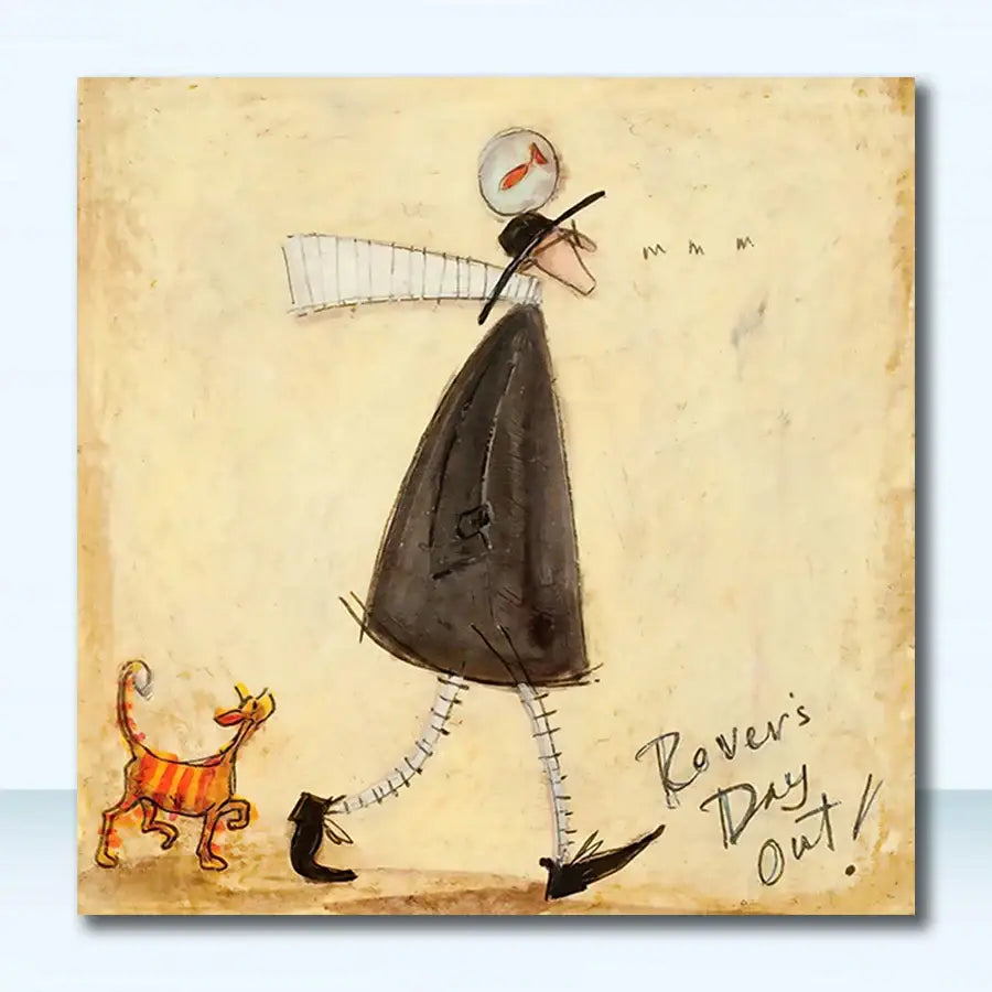 Decorbites vintage nordic abstract canvas art featuring a stylized figure with an orange fish and striped cat