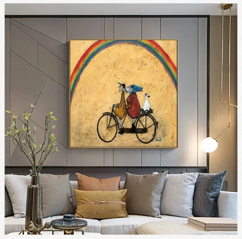 Decorbites vintage nordic abstract square canvas art of a red figure riding a bicycle under a rainbow with a white bird