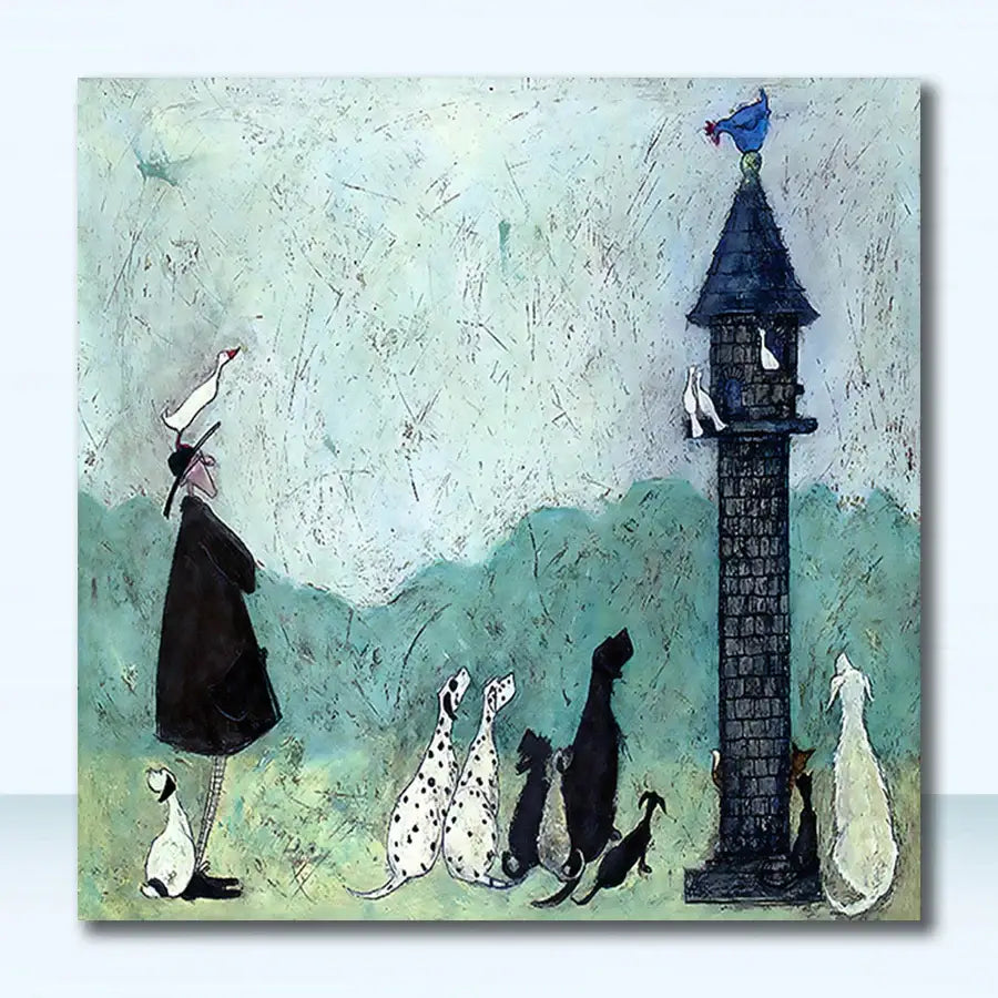 A vintage nordic abstract square canvas painting of a man in black coat and dogs gazing at a dark tower with birds