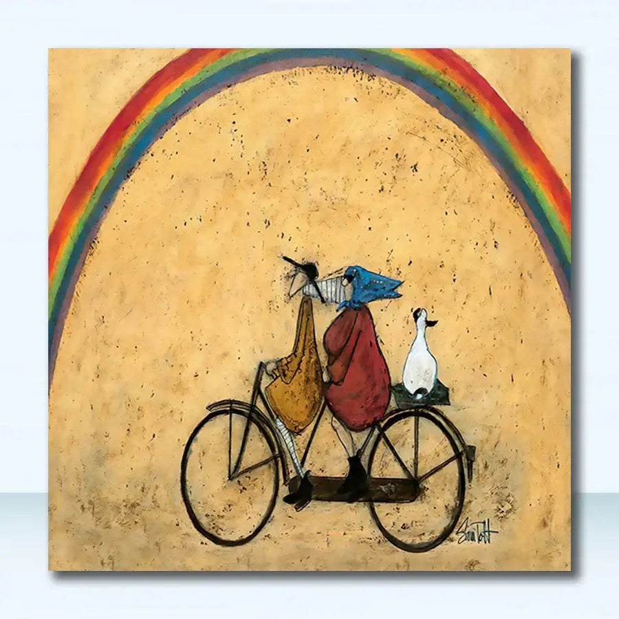 Whimsical vintage nordic abstract canvas art featuring two stylized figures and a duck on tandem bike under rainbow