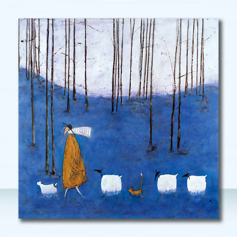 A square canvas painting by decorbites featuring a vintage nordic abstract landscape with an orange-robed figure and animals