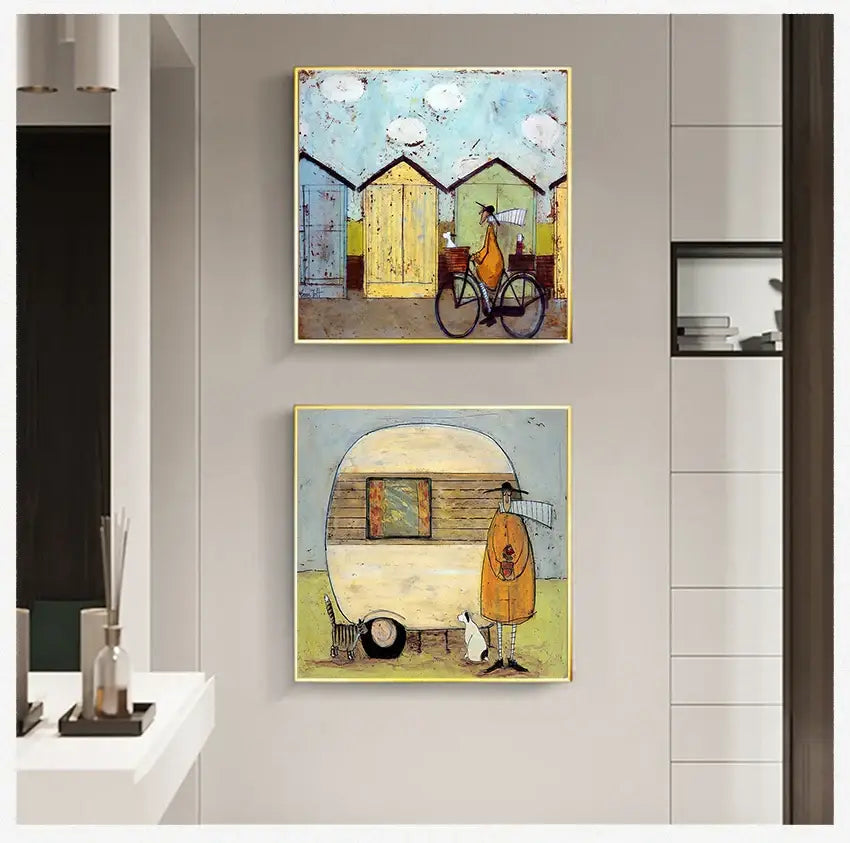 Two square-framed whimsical vintage nordic abstract canvas paintings featuring a cyclist and an orange-clad figure