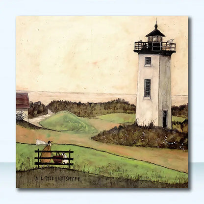 Decorbites vintage nordic abstract landscape dog canvas art featuring a white lighthouse with black trim against beige sky