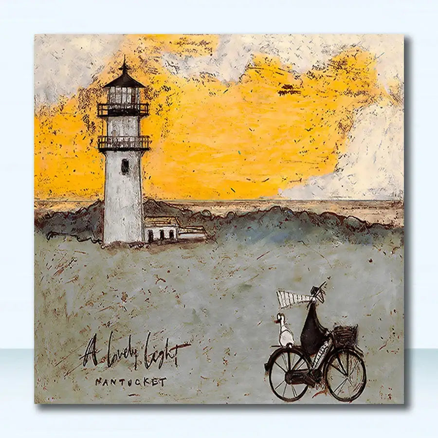 Decorbites™ vintage nordic abstract landscape wall art featuring a white lighthouse and cyclist against an orange gray sky