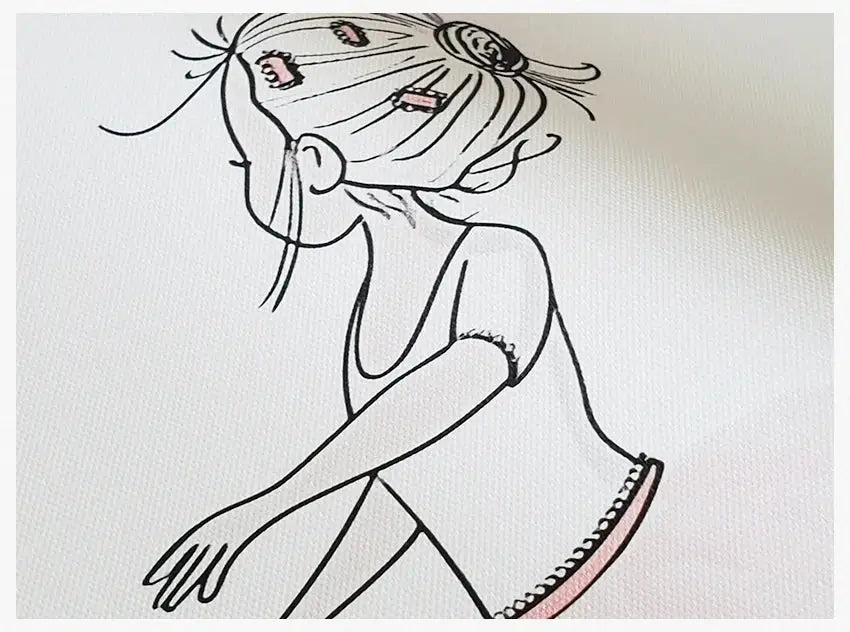 A whimsical black and white line drawing girl with pink hair clips featured in decorbites vintage nordic abstract wall art