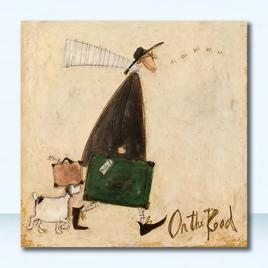 Decorbites vintage nordic abstract wall art featuring a traveler in black coat with green and brown suitcases and dog