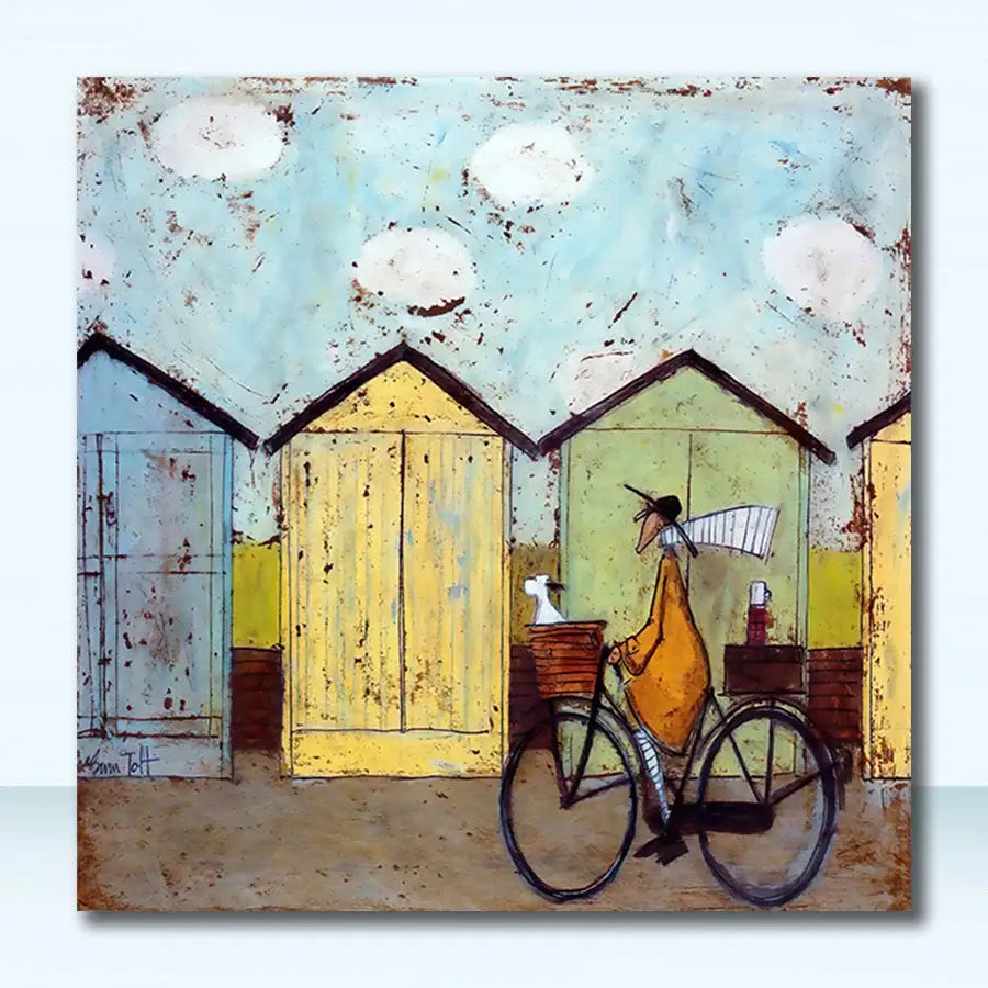 Decorbites™ vintage nordic abstract landscape wall art featuring a cyclist in orange coat by colorful beach huts