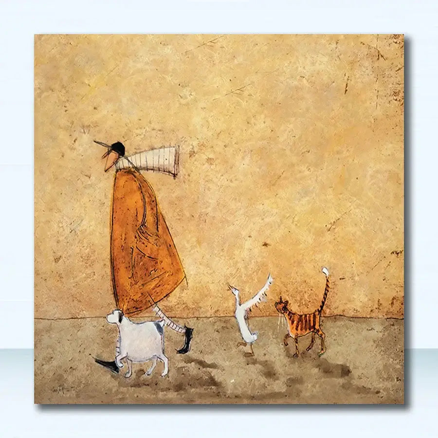 Decorbites vintage nordic canvas wall art featuring a whimsical figure in an orange coat with animals on beige background